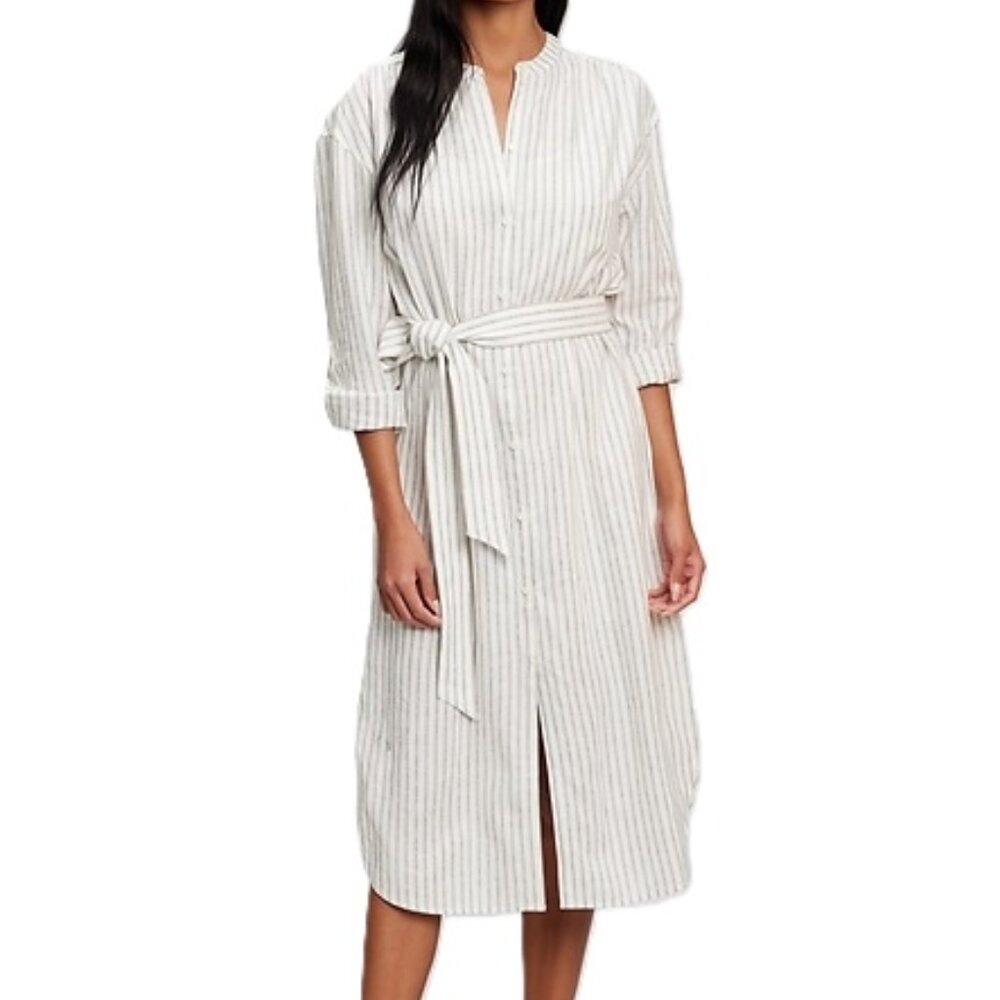 Gap Linen Blend Belted Shirtdress Sundress Button Down Striped Ivory Rayon